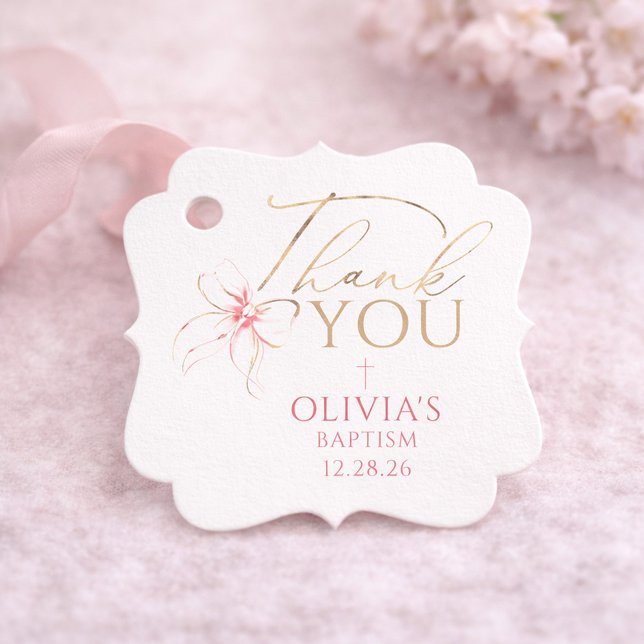 Étiquettes Cadeau Pink and Gold Bow Baptism Thank You (Baptism Thank You Favor Tags)