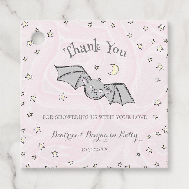 Étiquettes Cadeau Pink Batty, Etoiles & Lunes Éffrayant mignon Merci (Devant)