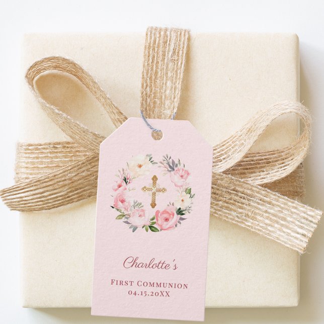 Étiquettes-cadeau Pink blush floral wreath cross First Communion DIY (Créateur téléchargé)