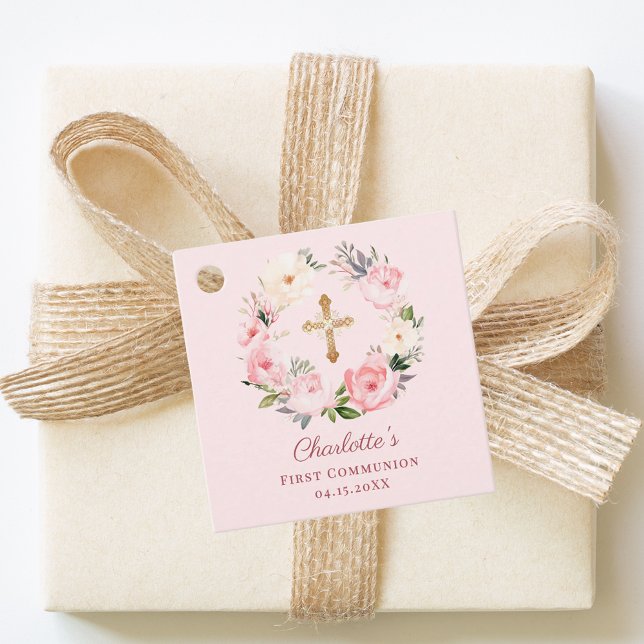 Étiquettes Cadeau Pink blush floral wreath First Communion DIY (Créateur téléchargé)