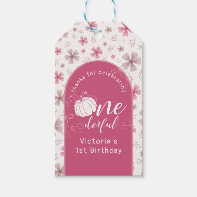ÉTIQUETTES-CADEAU PINK BOW & ARCH FALL PUMPKIN FLOWERS BIRTHDAY (Devant)