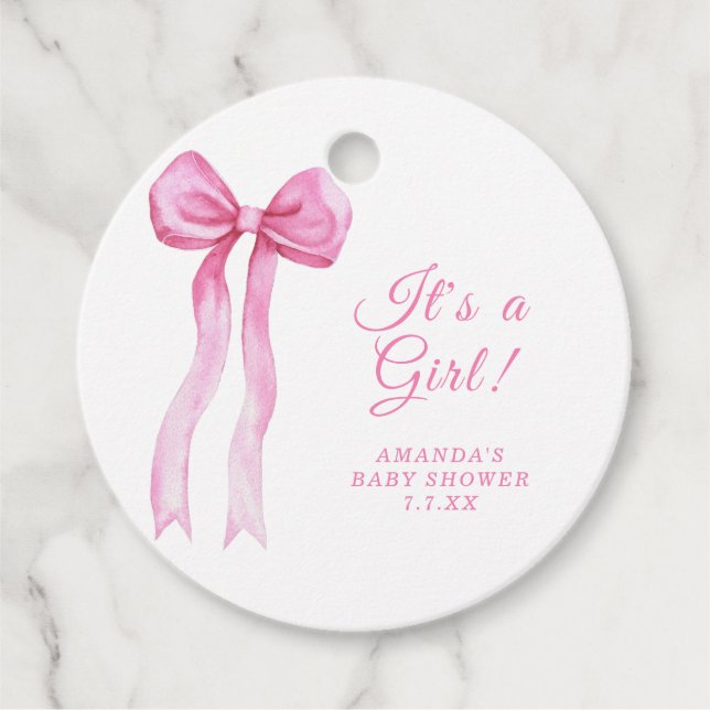 Étiquettes Cadeau Pink Bow C'est un Baby shower fille (Devant)