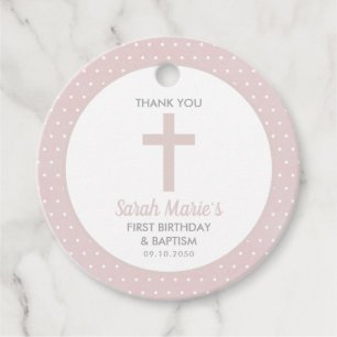 Étiquettes Cadeau Pink Cross Girl Baptism First Birthday Thank