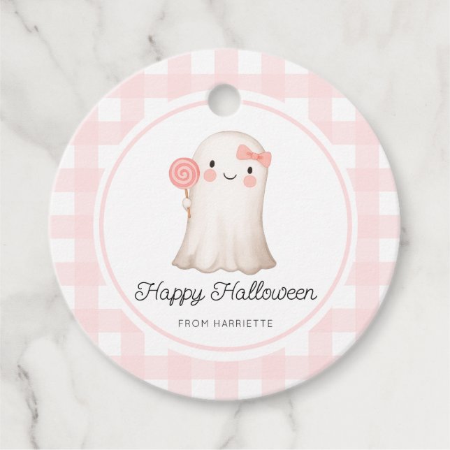 Étiquettes Cadeau Pink En vichy Halloween joyeux mignon Fantôme d'Ha (Devant)