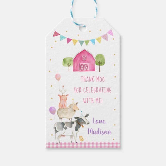 Étiquettes-cadeau Pink Farm Barnyard anniversaire (Devant)