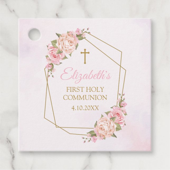 Étiquettes Cadeau Pink Floral Communion (Devant)
