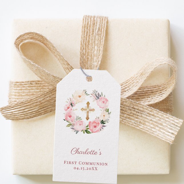 Étiquettes-cadeau Pink floral wreath cross First Communion DIY (Créateur téléchargé)