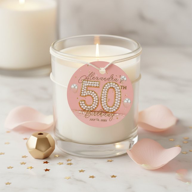 Étiquettes Cadeau Pink Gold Pearl Luxury Glamorous 50th Birthday (Créateur téléchargé)