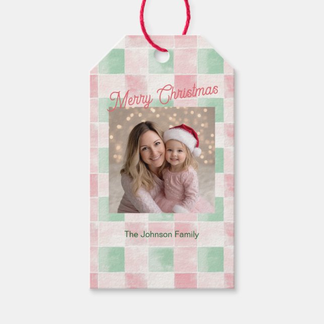 Étiquettes-cadeau Pink Green Retro Pattern Photo Christmas (Devant)