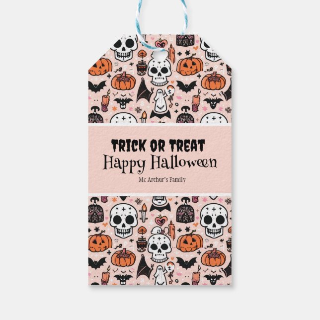 Étiquettes-cadeau Pink Halloween Tricoter ou traiter Nom de famille  (Dos)