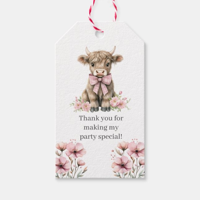 Étiquettes-cadeau Pink Highland Cow Anniversaire Fête Favoriser (Devant)