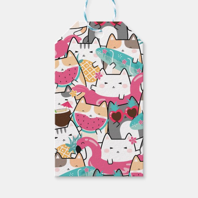 Étiquettes-cadeau Pink Kawaii Cats Pool Party Favoriser ou (Devant)
