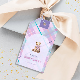 Étiquettes-cadeau Pink & Lavender Plaid Teddy Bear Bow Baby shower