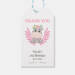 Étiquettes-cadeau Pink Leaf Cute Hippo Floral Merci d'anniversaire