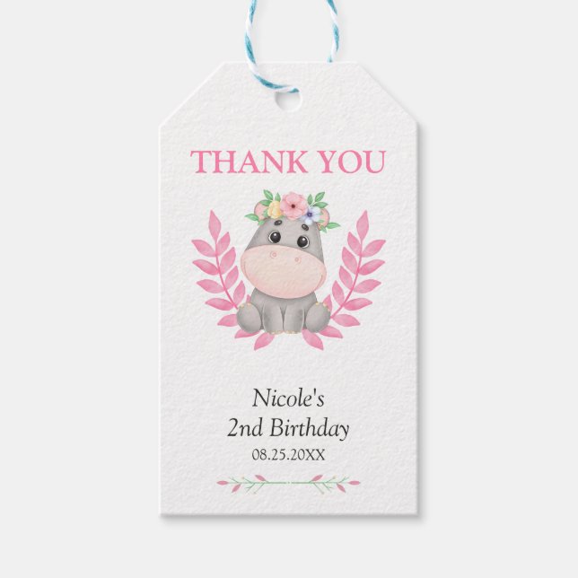 Étiquettes-cadeau Pink Leaf Cute Hippo Floral Merci d'anniversaire (Devant)