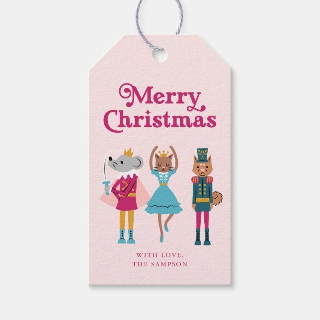 Étiquettes-cadeau Pink Nutcracker Animal Joyeux Noël (Devant)