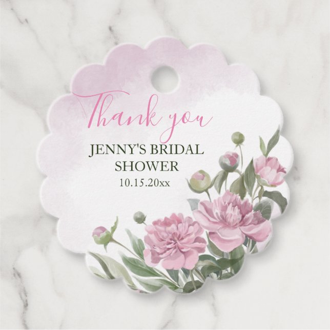 Étiquettes Cadeau Pink Peony Foliage Aquarelle Bride Merci (Devant)