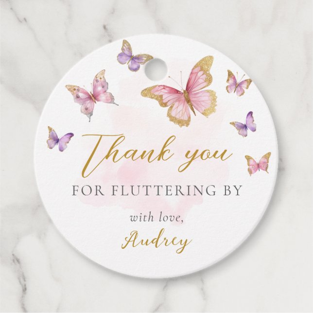 Étiquettes Cadeau Pink Purple Gold Butterfly Girl Baby shower (Devant)