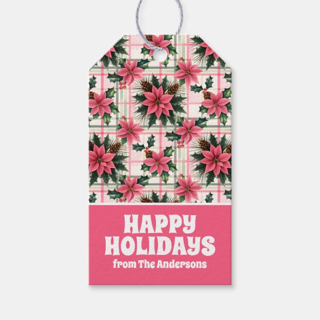 Étiquettes-cadeau Pink Retro Noël Floral Plaid Joyeux Noël (Devant)