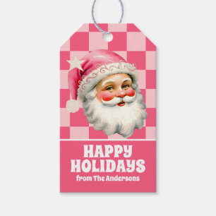 Étiquettes-cadeau Pink Retro Santa Claus Pink Tartan Plaid Noël