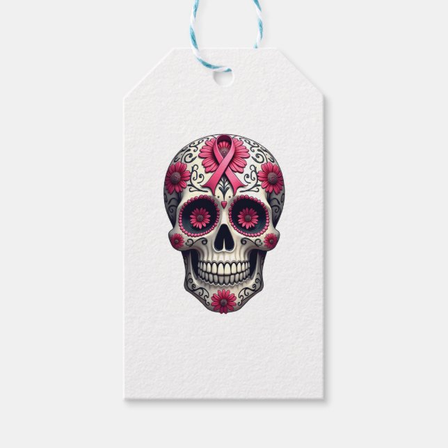Étiquettes-cadeau Pink Ribbon Sugar Skull Calavera Breast Cancer Awa (Devant)