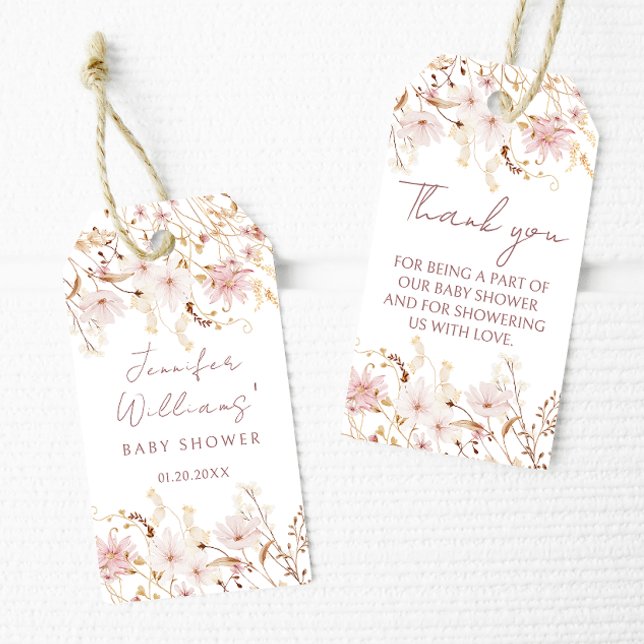 Étiquettes-cadeau Pink rustique petite fleur sauvage bébé douche (Créateur téléchargé)