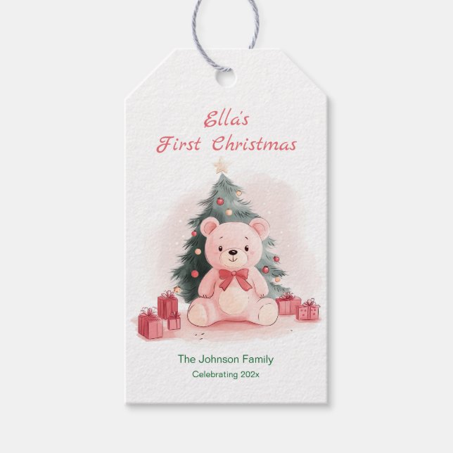 Étiquettes-cadeau Pink Teddy Bear First Christmas (Devant)