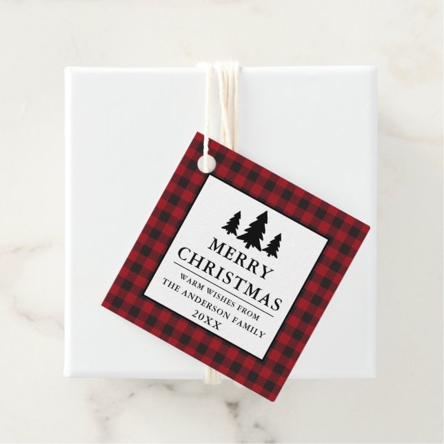 Étiquettes Cadeau Pins de buffle rouge Joyeux Noël (En situation)