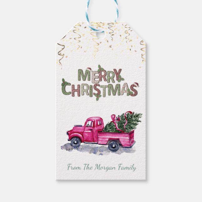 Étiquettes-cadeau Pins de Camion Rose, Confetti, Joyeux Noël (Devant)