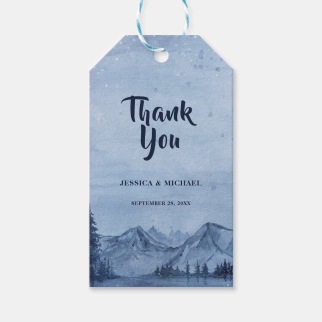 Étiquettes-cadeau Pins du lac Mountain Mariage d'aquarelle bleu (Devant)