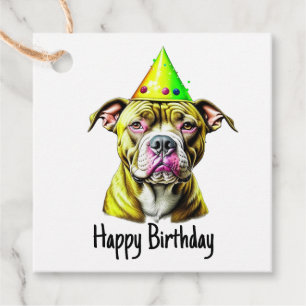 Étiquettes Cadeau Pitbull mignon avec chapeau d'anniversaire Vers et