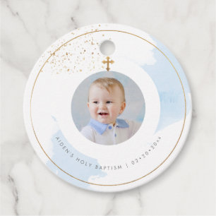 Étiquettes Cadeau PixDezines H2 Blue Gold Dust Baptism Merci