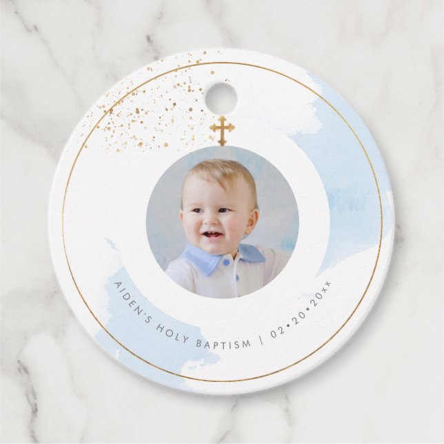 Étiquettes Cadeau PixDezines H2 Blue Gold Dust Baptism Merci (Devant)
