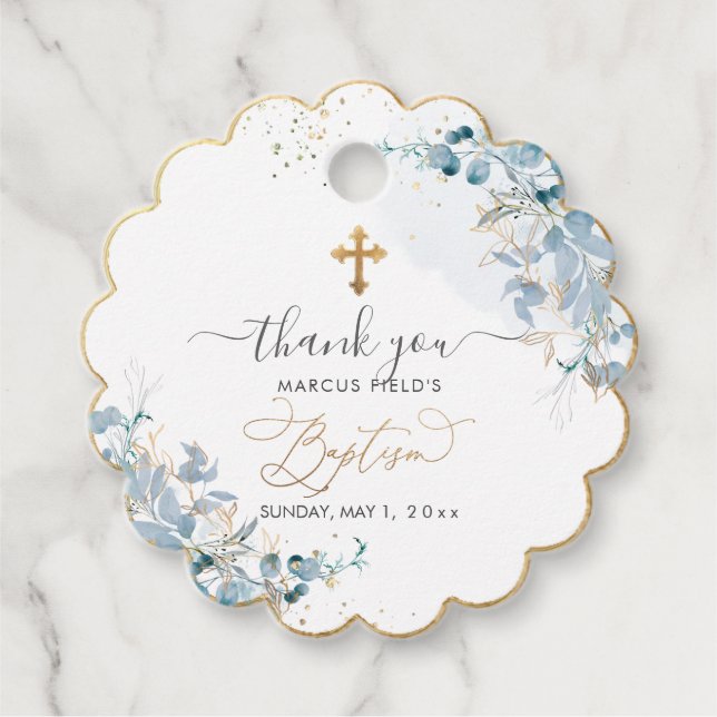 Étiquettes Cadeau PixDezines H2 Dusty Blue Gum Eucalyptus Baptême (Devant)