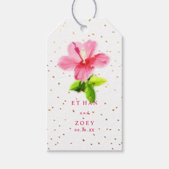 Étiquettes-cadeau PixDezines Hibiscus Hawaiiens roses/Specks d'or (Devant)