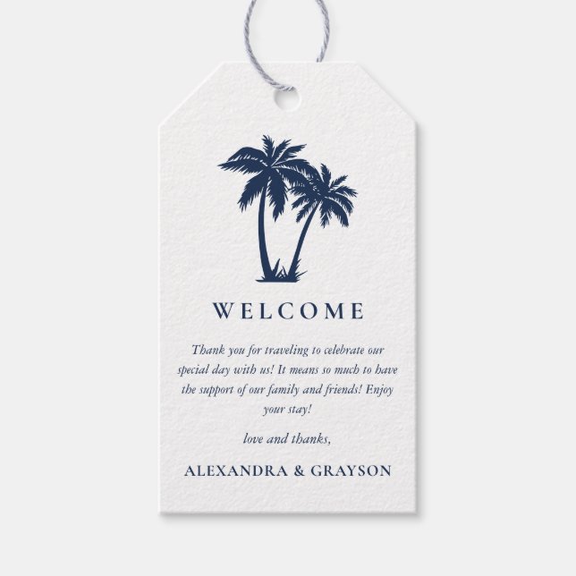 Étiquettes-cadeau Plage aux palmiers mariage nautique bleu marine  (Devant)
