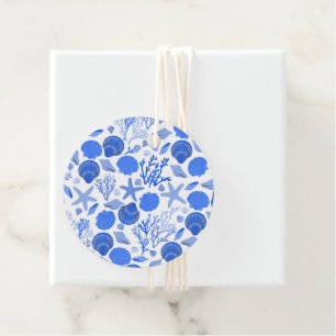 Étiquettes Cadeau Plage Coquillages Bleus Personnalisable Mignon Col