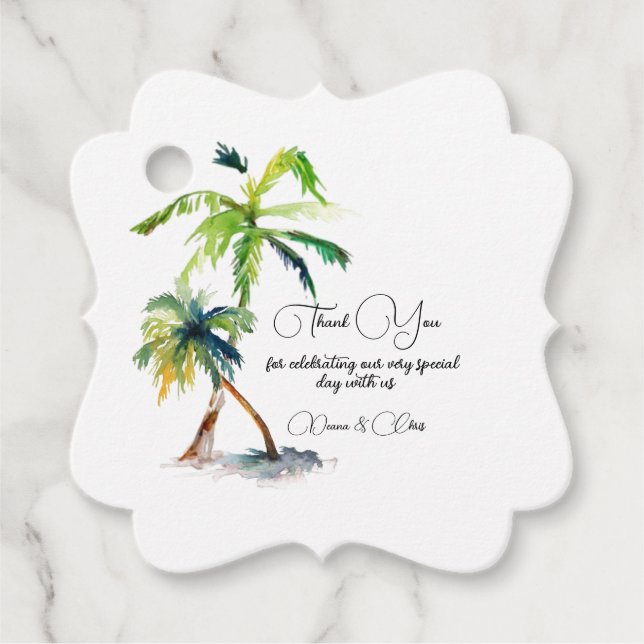 Étiquettes Cadeau Plage, Palmiers, Mariage Océan (Devant)