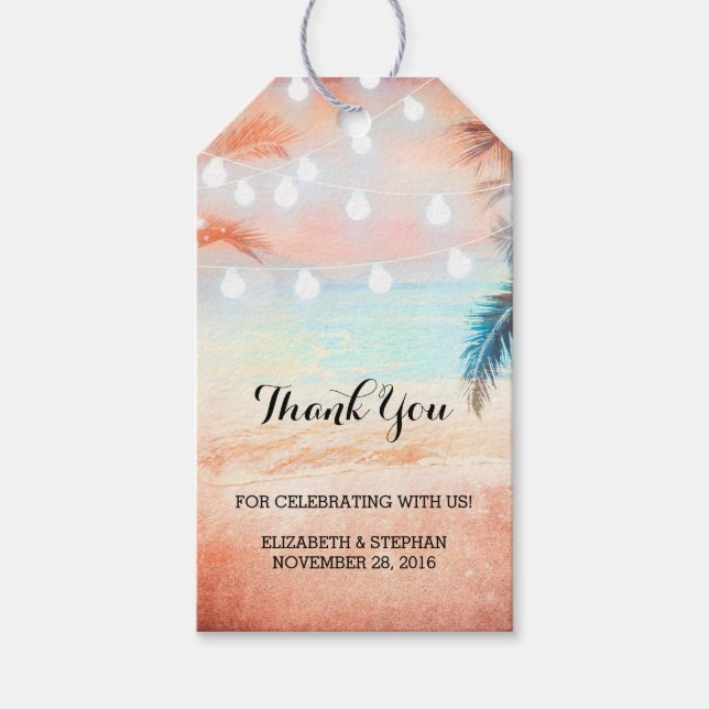 Étiquettes-cadeau Plage Sunset String Lumières Palms Mariage Merci (Devant)