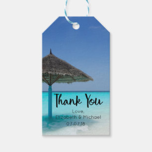 Étiquettes-cadeau Plage tropicale avec Mariage parapluie Merci