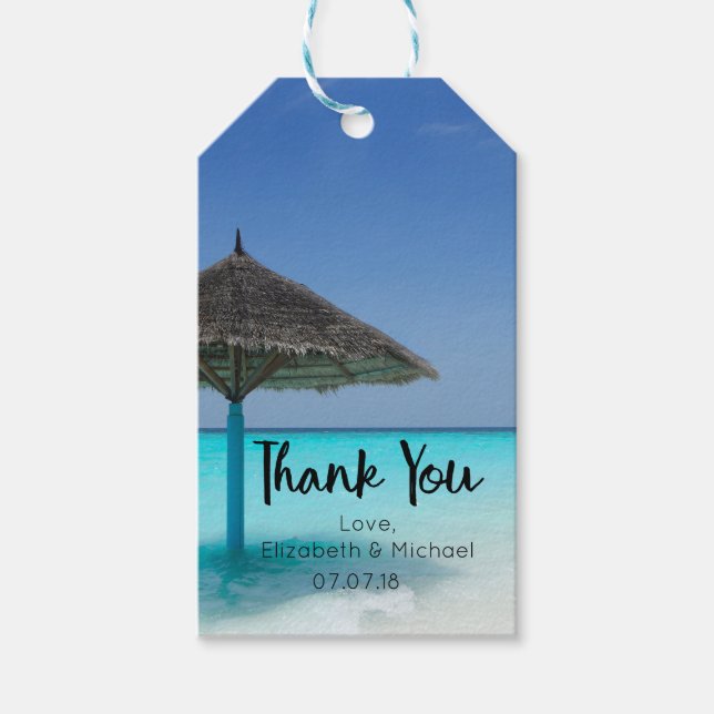 Étiquettes-cadeau Plage tropicale avec Mariage parapluie Merci (Devant)