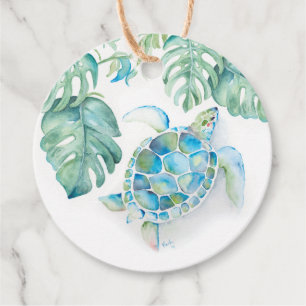 Étiquettes Cadeau Plage Tropicale Tortue de Mer Turquoise Aquarelle