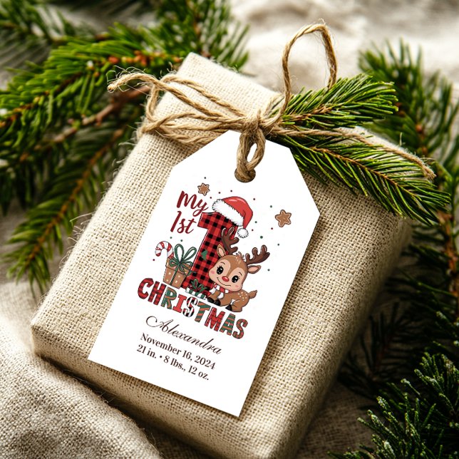 Étiquettes-cadeau Plaid Reindeer First Christmas (Créateur téléchargé)
