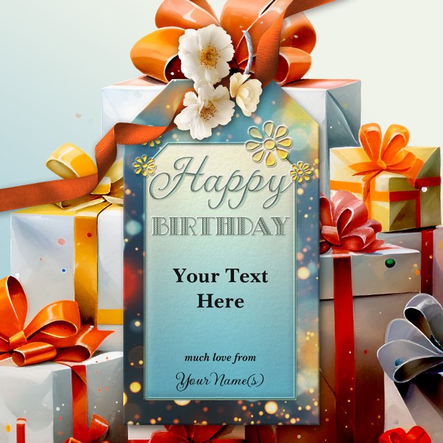 Étiquettes-cadeau Plaisir floral pétillant (A fun design birthday gift tag featuring a sparkling floral design in blue and yellow orange)