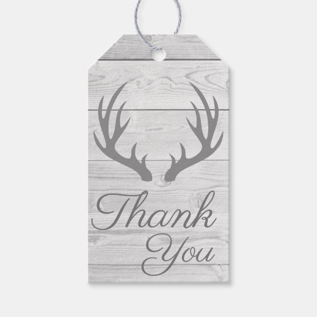 Étiquettes-cadeau Plaques Rustiques En Bois Gris Cerfs Antlers Merci (Devant)