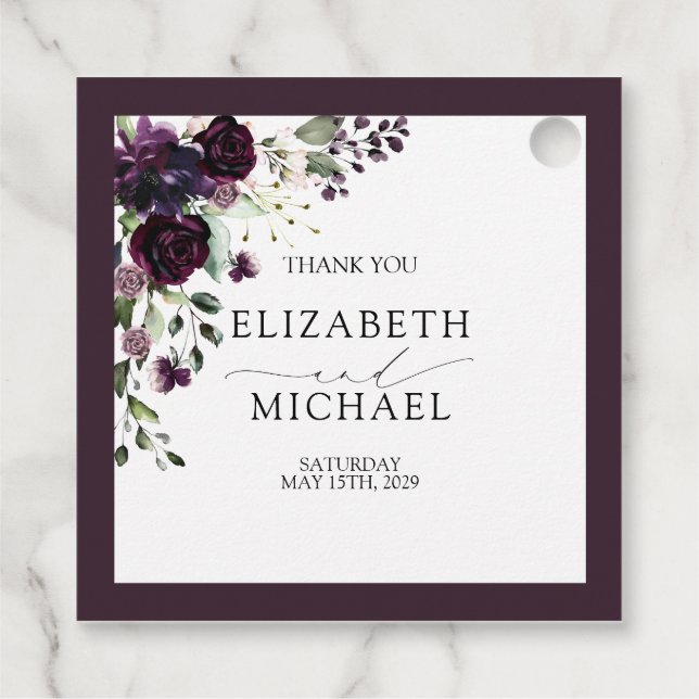 Étiquettes Cadeau Plum violet mauve Floral Aquarelle Script Mariage (Dos)
