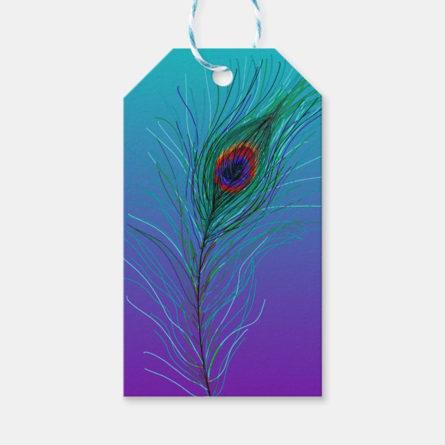 Étiquettes-cadeau Plume de paon de turquoise à violet (Devant)