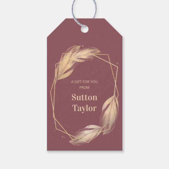 Étiquettes-cadeau Plumes d'or sur Mauve (Devant)