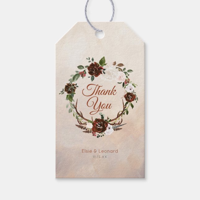 Étiquettes-cadeau Plumes rustiques de bois et fleurs florales (Devant)