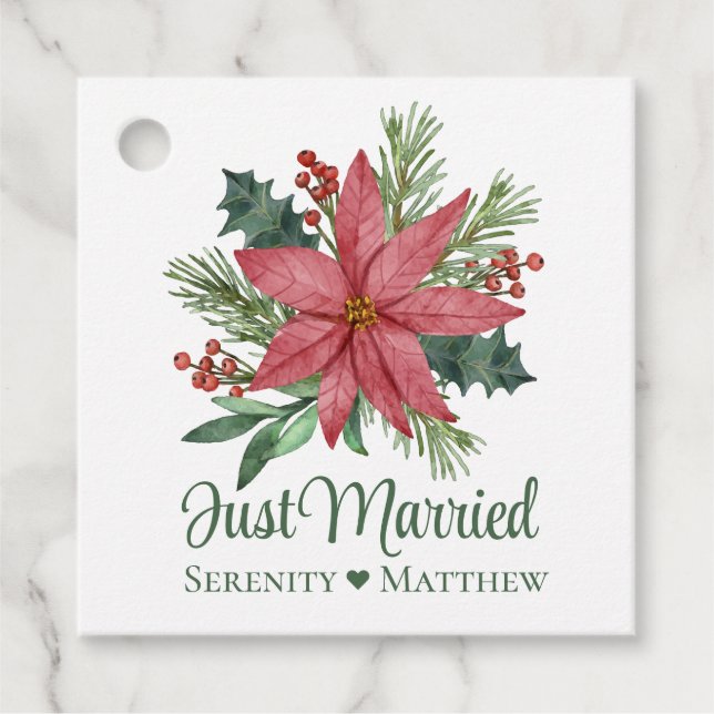 Étiquettes Cadeau Poinsettia Floral Noël Juste Marié Mariage (Devant)